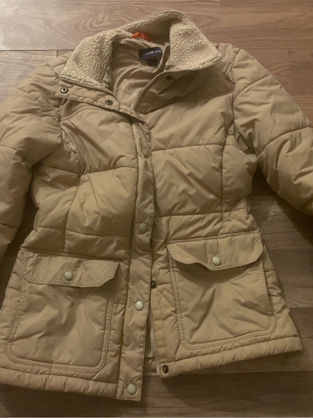 Lands' End Beige Quilted Puffer Jacket with Sherpa Collar